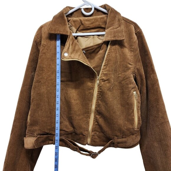 Brown Corduroy Moto Jacket With Belted Hem & Zip Pockets Size 2XL Womens - Picture 10 of 14